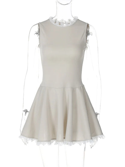 Autumn Lace Patchwork Mini Dress For Women Ruffled Sleeveless Elegant Slim Party Dress Gown Female Luxury High Waist Dress