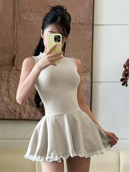 Autumn Lace Patchwork Mini Dress For Women Ruffled Sleeveless Elegant Slim Party Dress Gown Female Luxury High Waist Dress