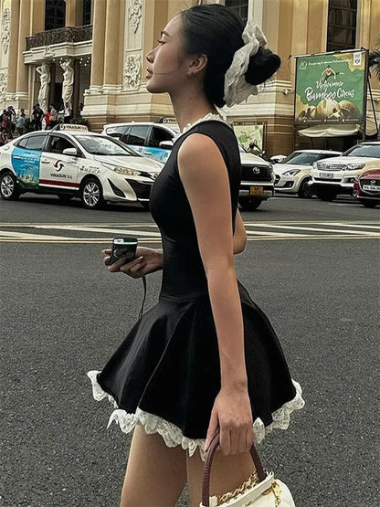 Autumn Lace Patchwork Mini Dress For Women Ruffled Sleeveless Elegant Slim Party Dress Gown Female Luxury High Waist Dress