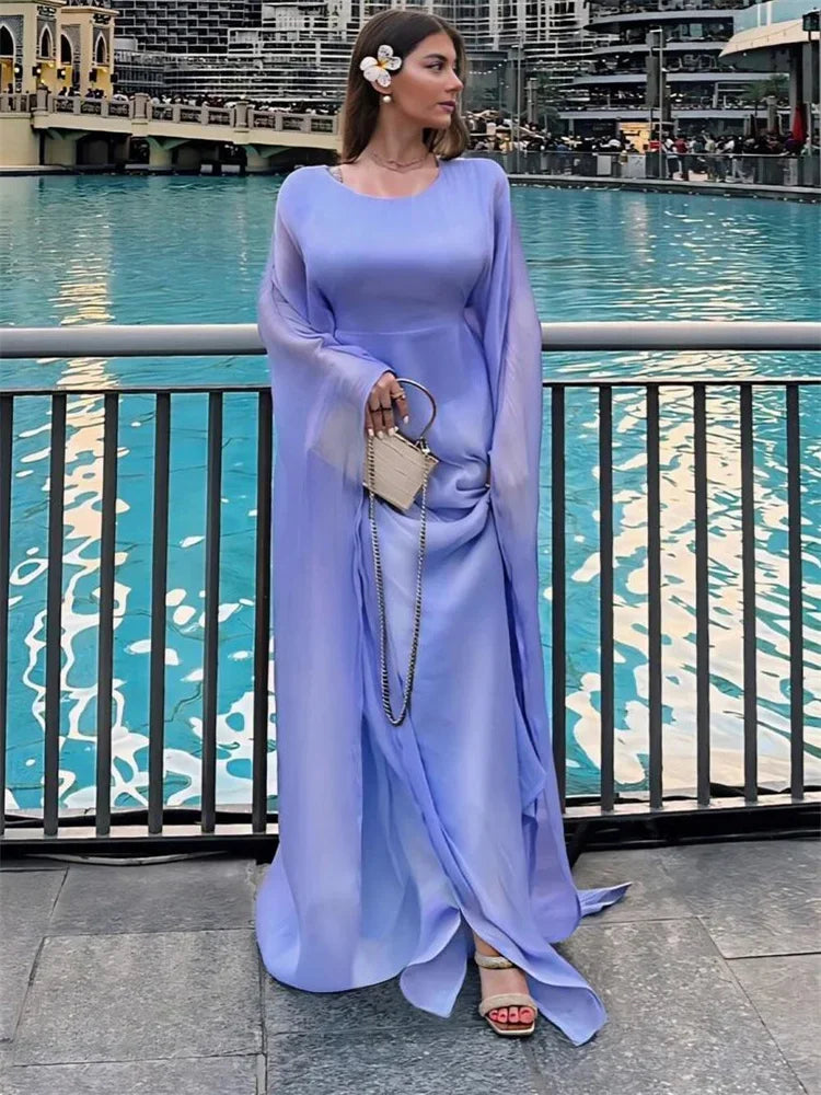 Autumn Loose Shiny Maxi Dress Women’s Butterfly Batwing Long Sleeve Muslim Clothes Party Dress Solid Female Long Dress New