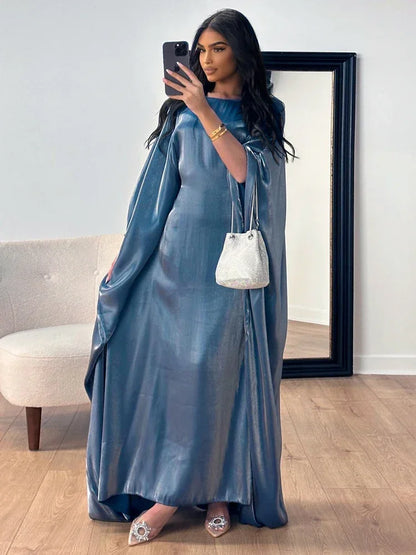 Autumn Loose Shiny Maxi Dress Women’s Butterfly Batwing Long Sleeve Muslim Clothes Party Dress Solid Female Long Dress New