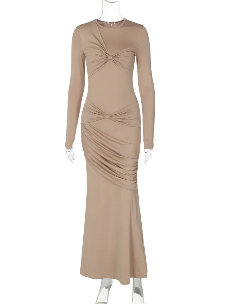 Autumn Pleated Twist Long Dress Women’s Fashion High Waist Slim Solid Skinny Party Dress Gown Female Bodycon Maxi Dress