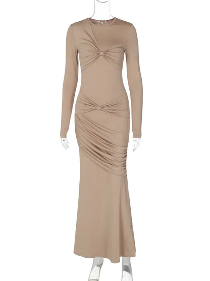 Autumn Pleated Twist Long Dress Women’s Fashion High Waist Slim Solid Skinny Party Dress Gown Female Bodycon Maxi Dress