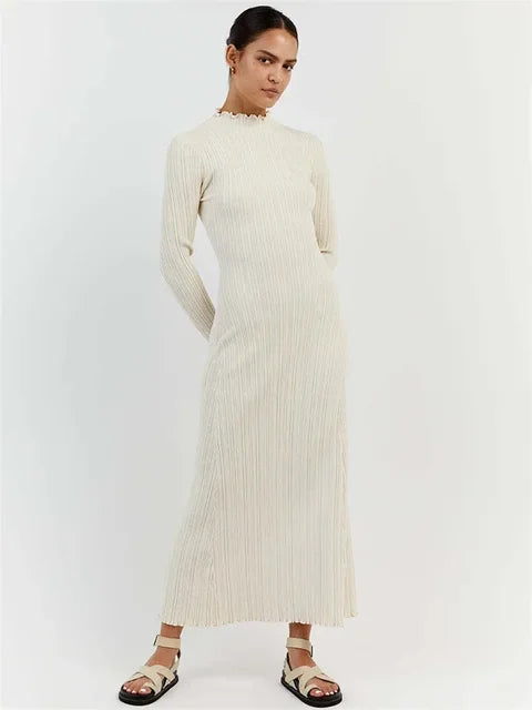 Autumn Ruffled Knitwear Long Dress Female Long Sleeve Loose Ribbed High Waist Maxi Dress Streetwear Knit Solid Women Dress