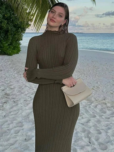 Autumn Ruffled Knitwear Long Dress Female Long Sleeve Loose Ribbed High Waist Maxi Dress Streetwear Knit Solid Women Dress