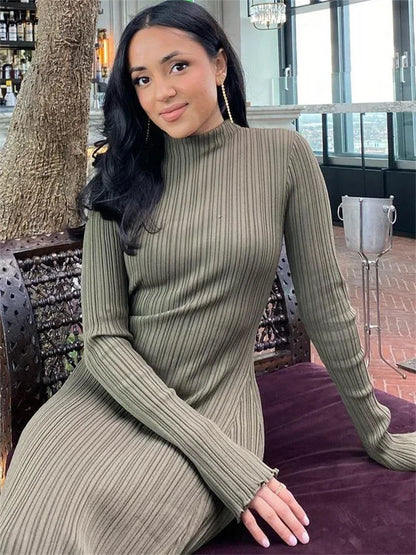 Autumn Ruffled Knitwear Long Dress Female Long Sleeve Loose Ribbed High Waist Maxi Dress Streetwear Knit Solid Women Dress