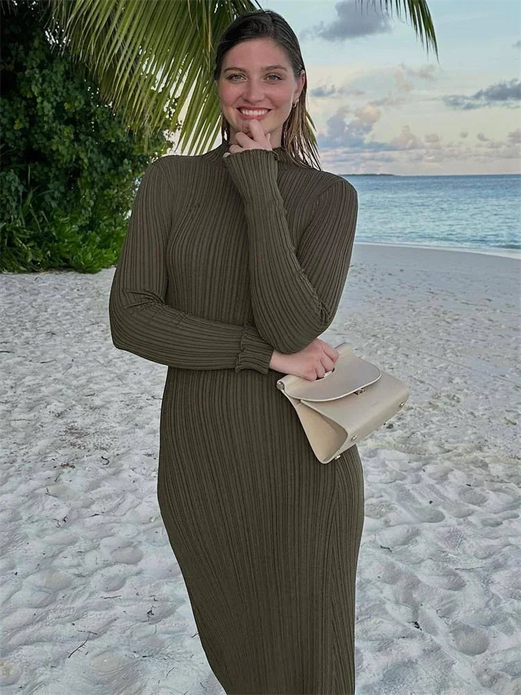 Autumn Ruffled Knitwear Long Dress Female Long Sleeve Loose Ribbed High Waist Maxi Dress Streetwear Knit Solid Women Dress