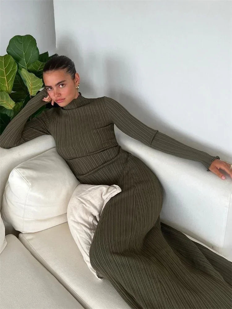 Autumn Ruffled Knitwear Long Dress Female Long Sleeve Loose Ribbed High Waist Maxi Dress Streetwear Knit Solid Women Dress