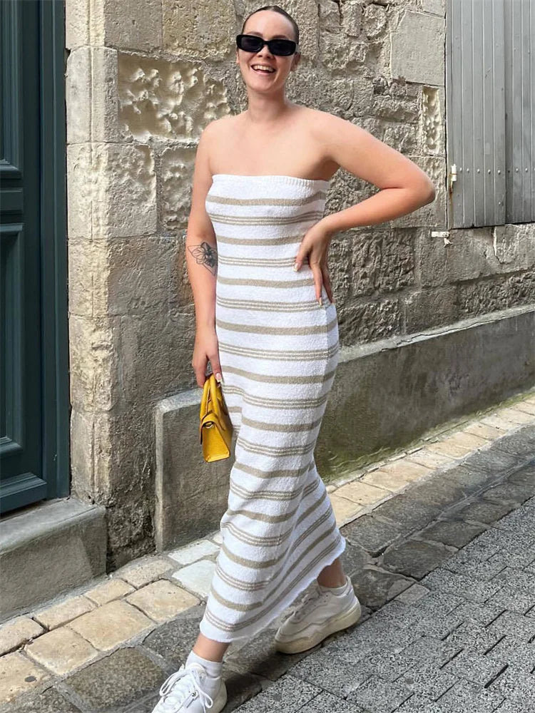 Backless Contrast For Women Dress Slim Holiday Beach Striped High Waist Off-Shoulder Maxi Dress Skinny Casual Long Dress