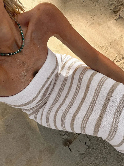 Backless Contrast For Women Dress Slim Holiday Beach Striped High Waist Off-Shoulder Maxi Dress Skinny Casual Long Dress