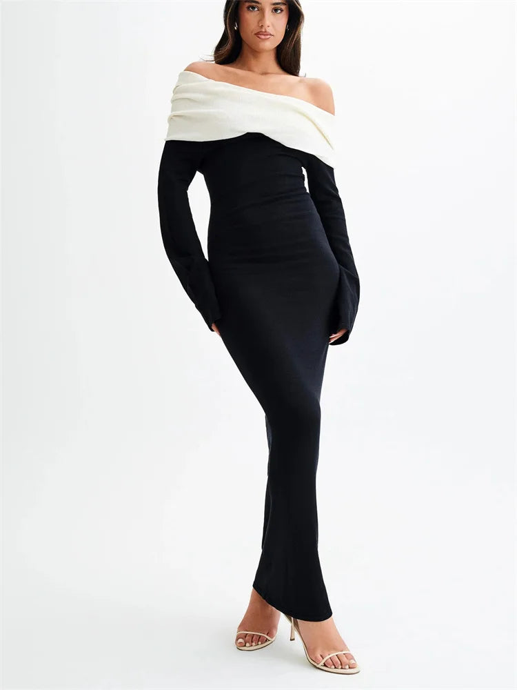 Backless Knitwear Fashion Long Dress Women Contrast Autumn  Elegant Slim Party Dress Patchwork Knit Female Maxi Dress