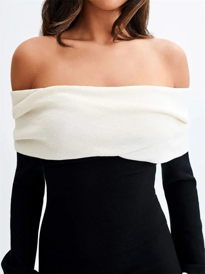 Backless Knitwear Fashion Long Dress Women Contrast Autumn  Elegant Slim Party Dress Patchwork Knit Female Maxi Dress