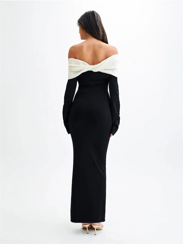 Backless Knitwear Fashion Long Dress Women Contrast Autumn  Elegant Slim Party Dress Patchwork Knit Female Maxi Dress