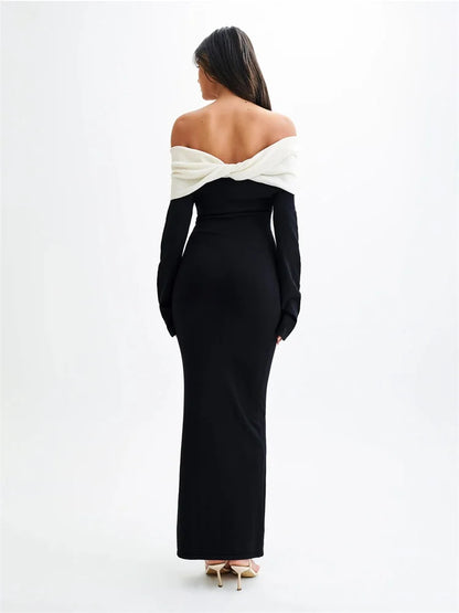 Backless Knitwear Fashion Long Dress Women Contrast Autumn  Elegant Slim Party Dress Patchwork Knit Female Maxi Dress