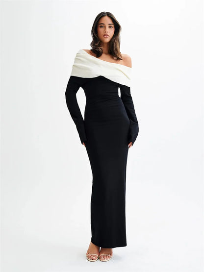 Backless Knitwear Fashion Long Dress Women Contrast Autumn  Elegant Slim Party Dress Patchwork Knit Female Maxi Dress