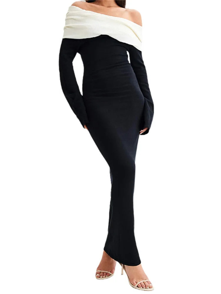 Backless Knitwear Fashion Long Dress Women Contrast Autumn  Elegant Slim Party Dress Patchwork Knit Female Maxi Dress