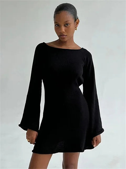 Backless Knitwear Lace-Up Mini Dress Female Fashion Long Sleeve Loose Holiday Beach High Waist Dress Knit Women Dress 2025