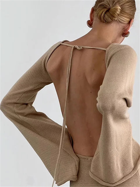 Backless Knitwear Lace-Up Mini Dress Female Fashion Long Sleeve Loose Holiday Beach High Waist Dress Knit Women Dress 2025