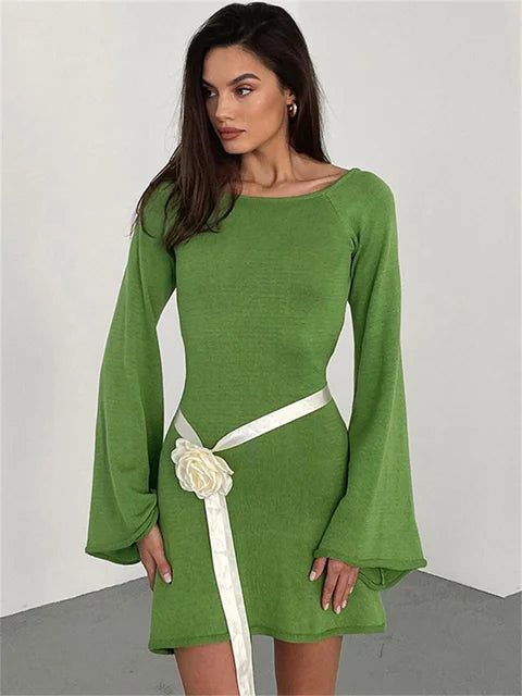 Backless Knitwear Lace-Up Mini Dress Female Fashion Long Sleeve Loose Holiday Beach High Waist Dress Knit Women Dress 2025