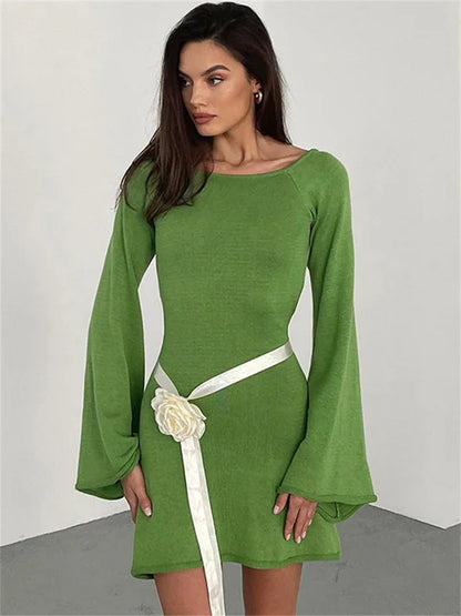 Backless Knitwear Lace-Up Mini Dress Female Fashion Long Sleeve Loose Holiday Beach High Waist Dress Knit Women Dress 2025