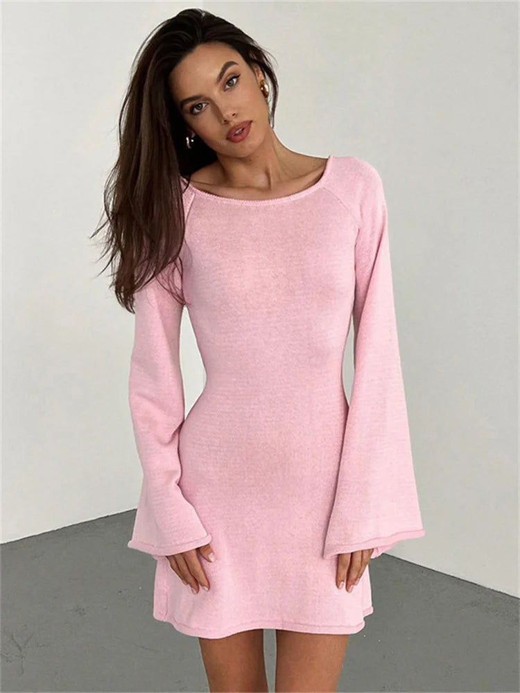 Backless Knitwear Lace-Up Mini Dress Female Fashion Long Sleeve Loose Holiday Beach High Waist Dress Knit Women Dress 2025