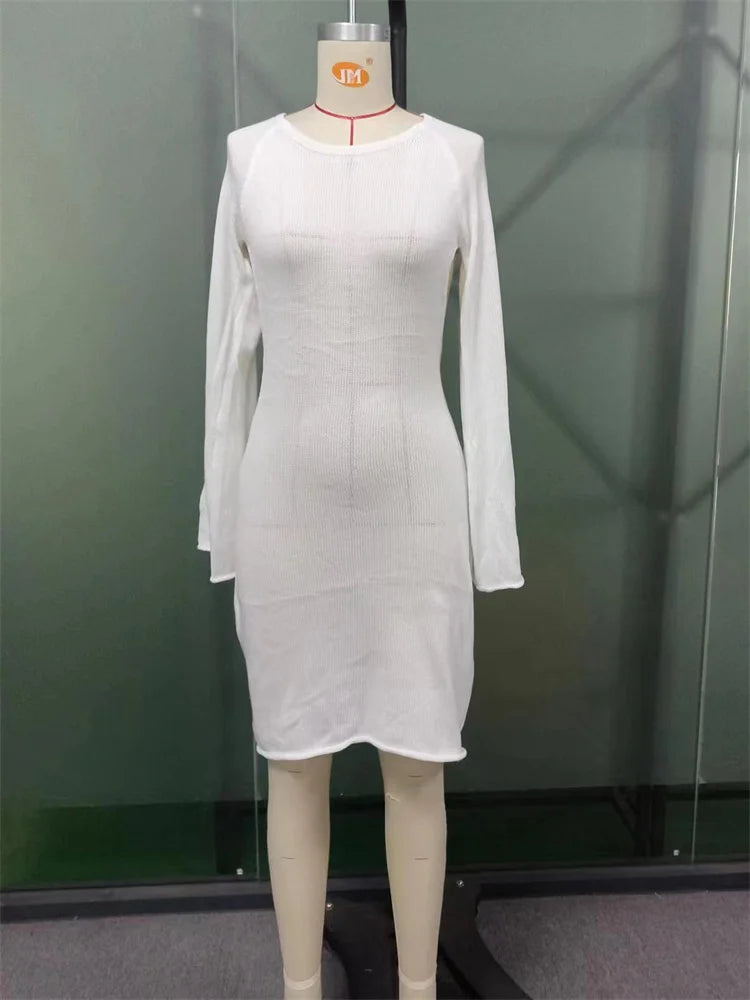 Backless Knitwear Lace-Up Mini Dress Female Fashion Long Sleeve Loose Holiday Beach High Waist Dress Knit Women Dress 2025