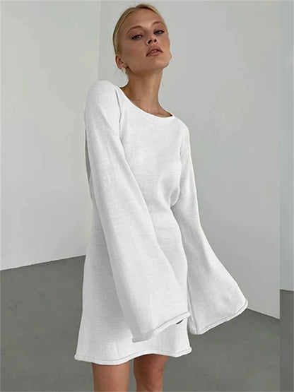 Backless Knitwear Lace-Up Mini Dress Female Fashion Long Sleeve Loose Holiday Beach High Waist Dress Knit Women Dress 2025