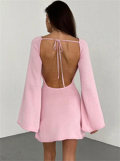 Backless Knitwear Lace-Up Mini Dress Female Fashion Long Sleeve Loose Holiday Beach High Waist Dress Knit Women Dress 2025