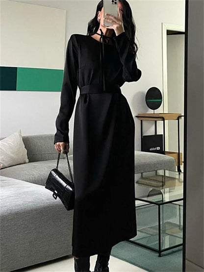 Backless Lace-Up Slim Maxi Dress Female Black Fashion Autumn 2025 Bandage Long Sleeve Solid Elegant Patchwork Long Dress