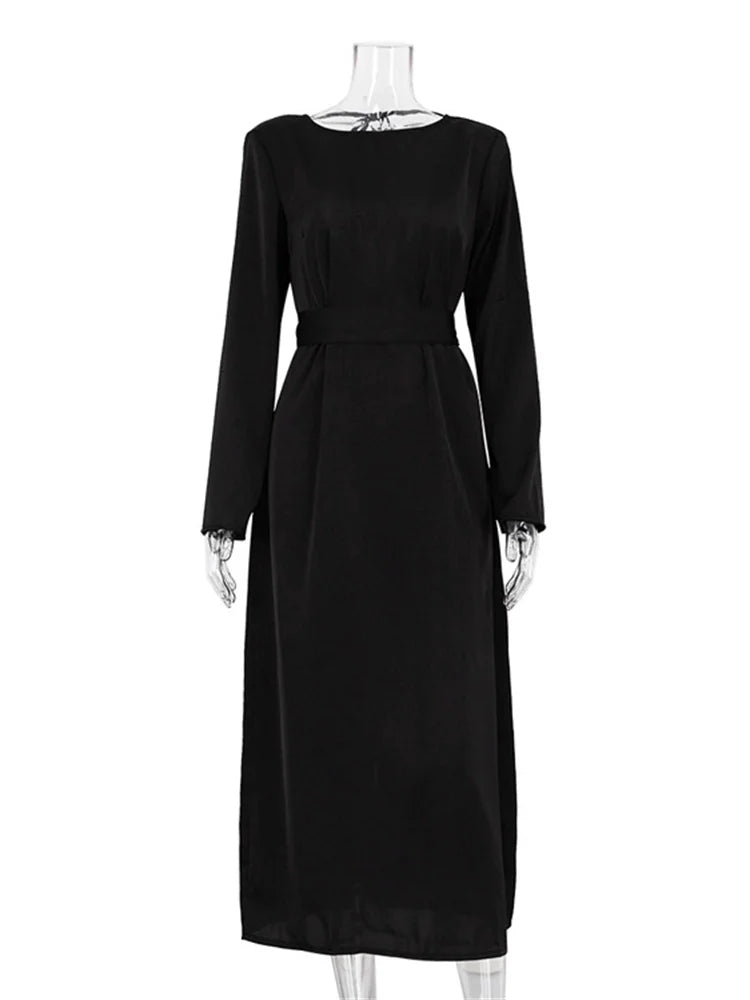 Backless Lace-Up Slim Maxi Dress Female Black Fashion Autumn 2025 Bandage Long Sleeve Solid Elegant Patchwork Long Dress
