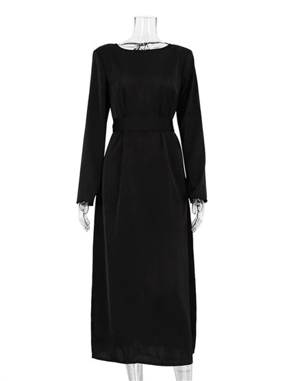 Backless Lace-Up Slim Maxi Dress Female Black Fashion Autumn 2025 Bandage Long Sleeve Solid Elegant Patchwork Long Dress
