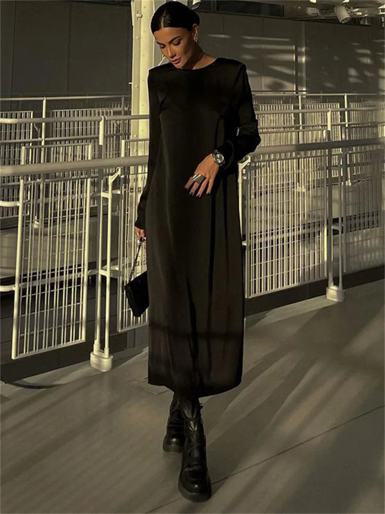 Backless Lace-Up Slim Maxi Dress Female Black Fashion Autumn 2025 Bandage Long Sleeve Solid Elegant Patchwork Long Dress
