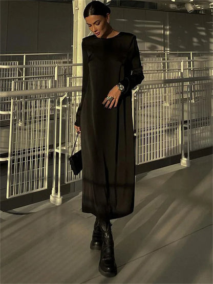Backless Lace-Up Slim Maxi Dress Female Black Fashion Autumn 2025 Bandage Long Sleeve Solid Elegant Patchwork Long Dress