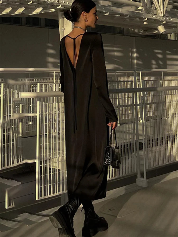 Backless Lace-Up Slim Maxi Dress Female Black Fashion Autumn 2025 Bandage Long Sleeve Solid Elegant Patchwork Long Dress