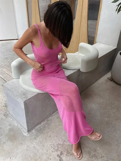 Backless Patchwork Maxi Dress Cover up For Women Slim Loose Holiday Beach See-Through Clothes Dress Female Knit Long Dress