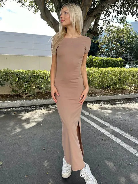 Backless Slin Female Dress Short Sleeve Casual Elegant Side Split Streetwear Basic Fashion Y2k Dress For Women Maxi Dress