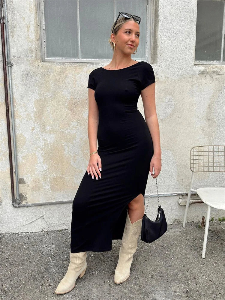 Backless Slin Female Dress Short Sleeve Casual Elegant Side Split Streetwear Basic Fashion Y2k Dress For Women Maxi Dress