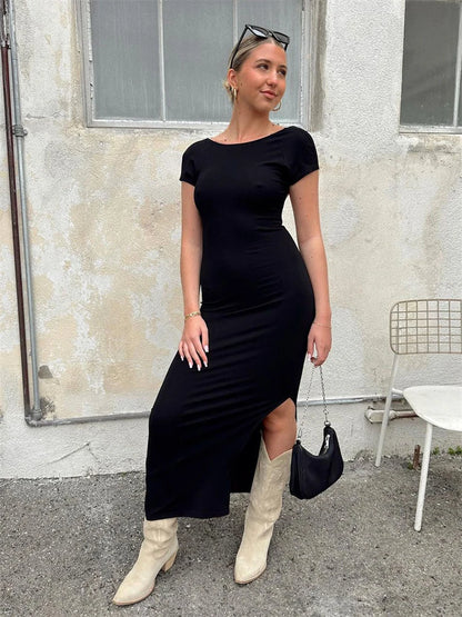 Backless Slin Female Dress Short Sleeve Casual Elegant Side Split Streetwear Basic Fashion Y2k Dress For Women Maxi Dress