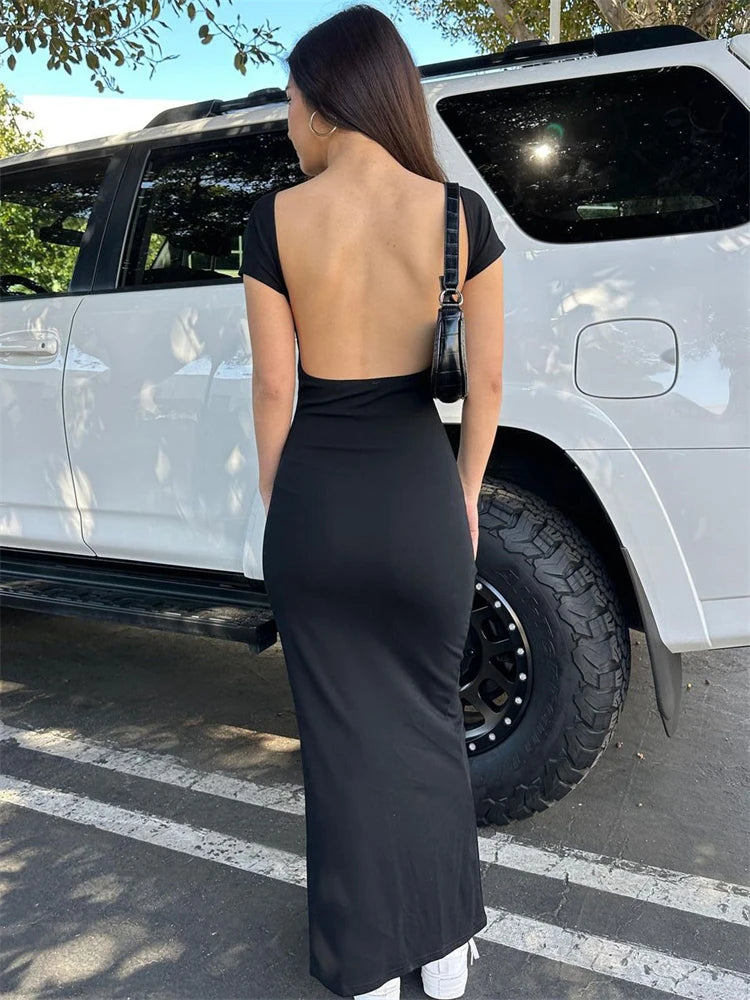 Backless Slin Female Dress Short Sleeve Casual Elegant Side Split Streetwear Basic Fashion Y2k Dress For Women Maxi Dress