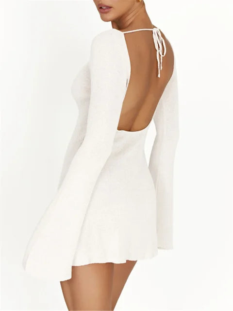 Backless Striped Knitwear Mini Dress Lace-Up Long Sleeve For Women Holiday Beach Summer Dress Slim Fashion Ladies Dress