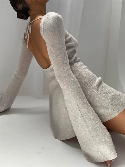Backless Striped Knitwear Mini Dress Lace-Up Long Sleeve For Women Holiday Beach Summer Dress Slim Fashion Ladies Dress