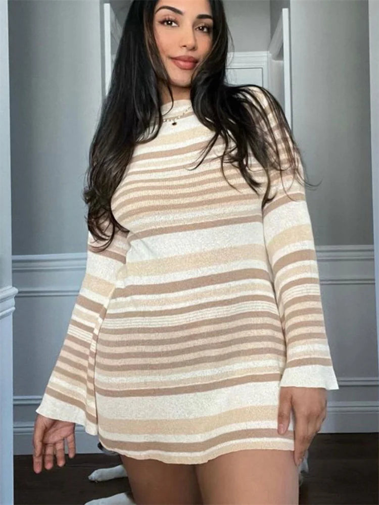 Backless Striped Knitwear Mini Dress Lace-Up Long Sleeve For Women Holiday Beach Summer Dress Slim Fashion Ladies Dress