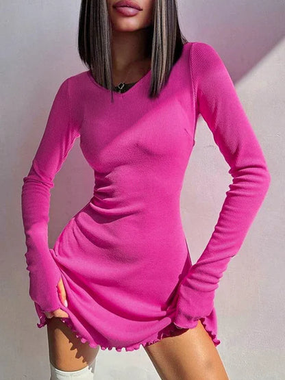 Bandage Ruffled High Waist Mini Dress For Women Long Sleeve Fashion Lace-Up Solid Patchwork Autumn 2025 Bodycon Dress New