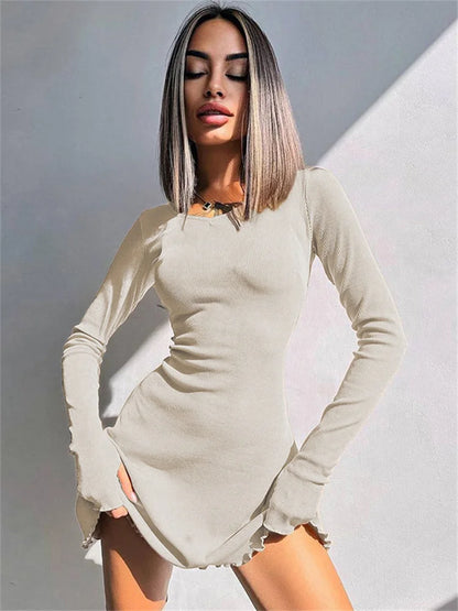 Bandage Ruffled High Waist Mini Dress For Women Long Sleeve Fashion Lace-Up Solid Patchwork Autumn 2025 Bodycon Dress New