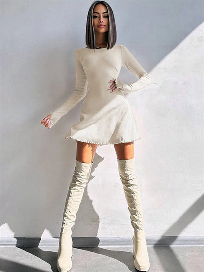 Bandage Ruffled High Waist Mini Dress For Women Long Sleeve Fashion Lace-Up Solid Patchwork Autumn 2025 Bodycon Dress New