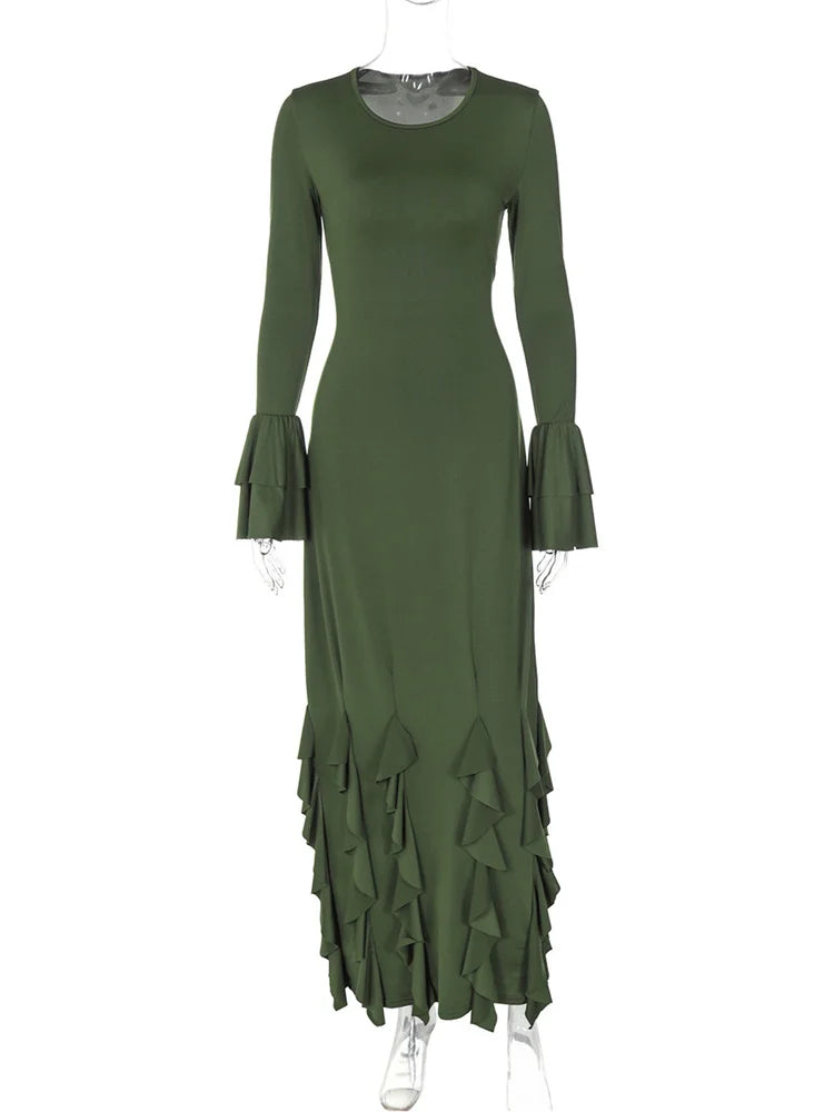 Bandage Ruffled Slim Maxi Dress Women’s Elegant Patchwork Lace-Up Solid Bodycon Dress Female Autumn  Long Dress Ladies