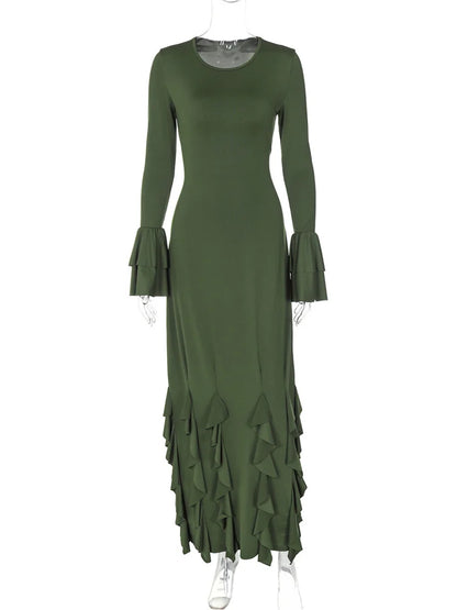 Bandage Ruffled Slim Maxi Dress Women’s Elegant Patchwork Lace-Up Solid Bodycon Dress Female Autumn  Long Dress Ladies