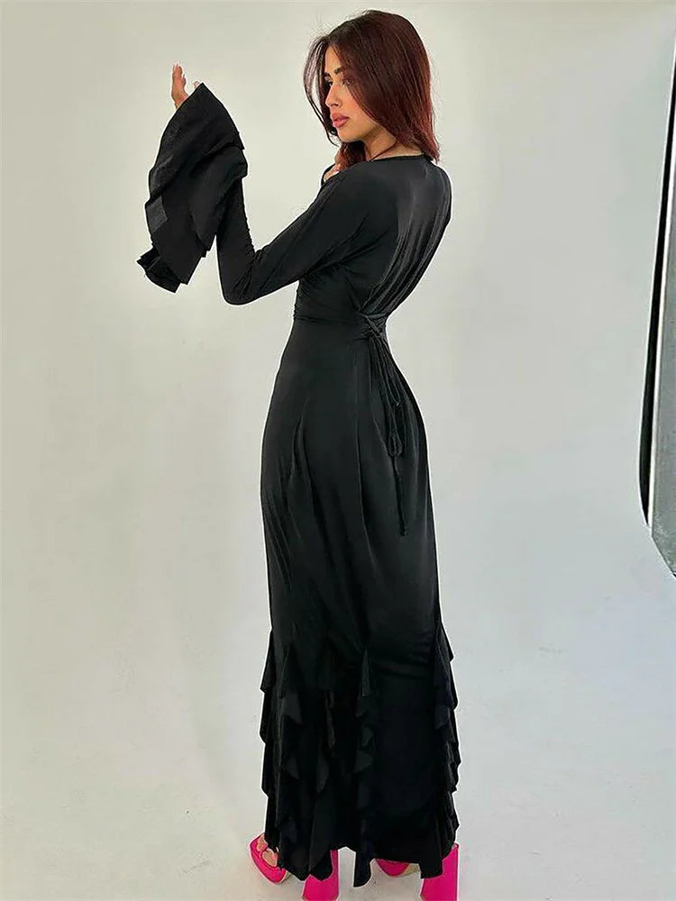 Bandage Ruffled Slim Maxi Dress Women’s Elegant Patchwork Lace-Up Solid Bodycon Dress Female Autumn  Long Dress Ladies