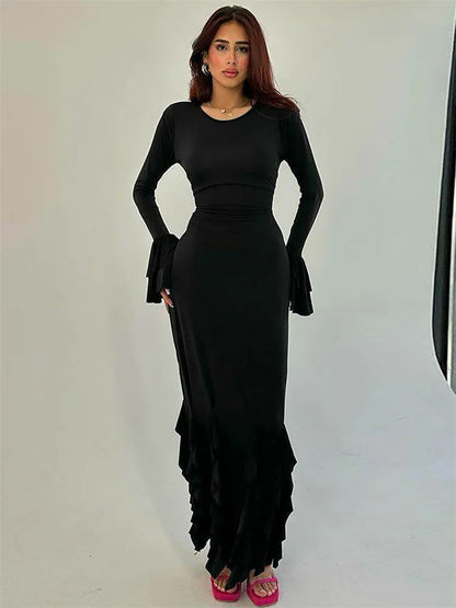 Bandage Ruffled Slim Maxi Dress Women’s Elegant Patchwork Lace-Up Solid Bodycon Dress Female Autumn  Long Dress Ladies