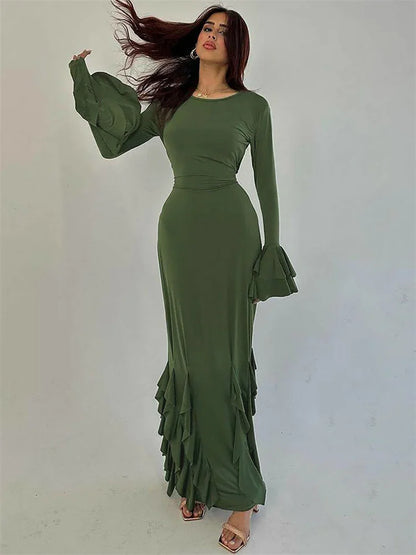 Bandage Ruffled Slim Maxi Dress Women’s Elegant Patchwork Lace-Up Solid Bodycon Dress Female Autumn  Long Dress Ladies